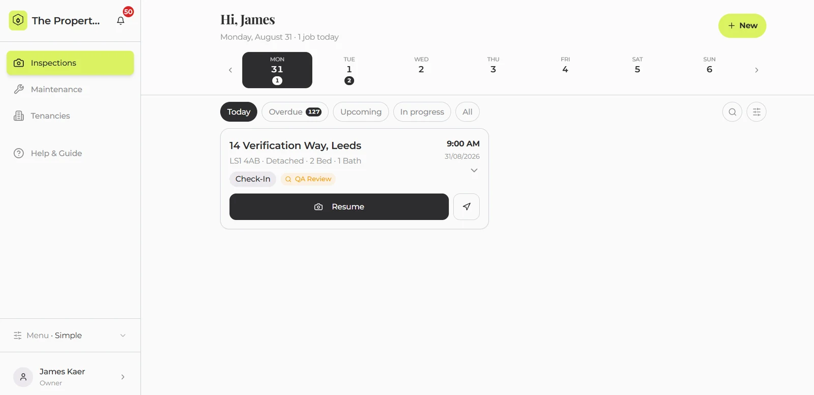 The Property AI dashboard: today's inspections with status, QA review flags and one-tap resume